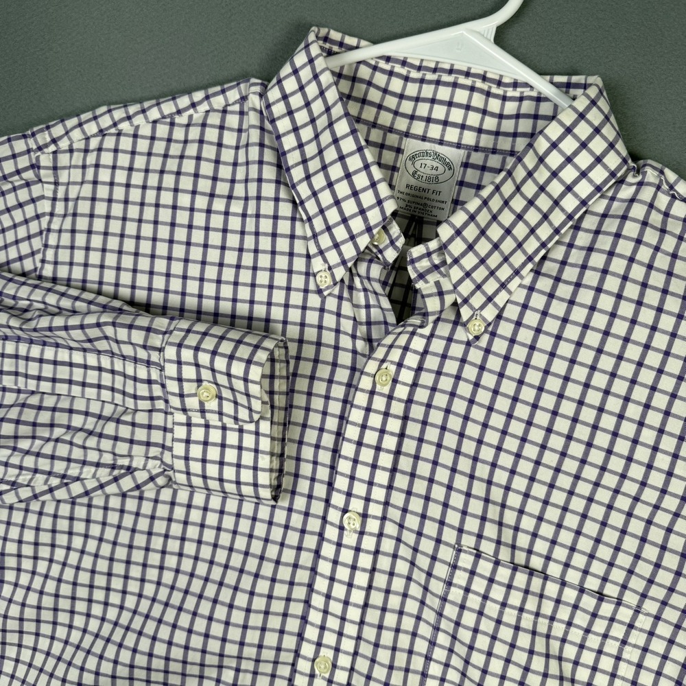 Brooks Brothers Regent Fit Shirt Mens 17 34 Purple Check Supima Cotton Stretch